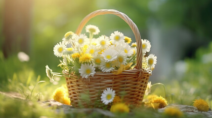 Fototapeta na wymiar Daisies in a basket on a blurry summer background