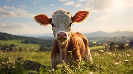 baby cow in a green field