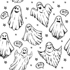 Seamless pattern of hand-drawn ghosts. Scary white ghosts. Happy Halloween. Cute vintage spooky characters. Vector illustration for posters, decoration and print.