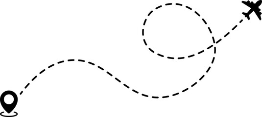 Airplane routes. Air plane flight route with line trace. Plane route. Aircraft tracking. Planes, travel, location pins, map pin. Airplane line path icon. Vector illustration