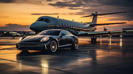 airplane with luxury car shown together at international airport - Powered by Adobe