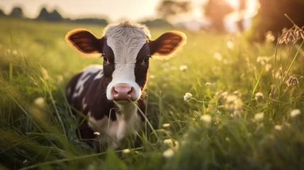 Gordijnen baby brown cow in a green field © Samuel
