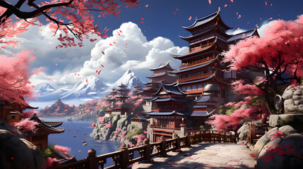 Fototapeta premium Castle of Sakura Land Generative AI
