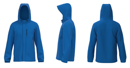 Blue Men’s hooded raincoat jacket. isolated