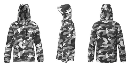 Camouglage Men’s hooded raincoat jacket. isolated