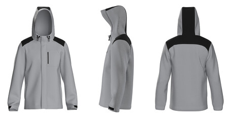 Grey Men’s hooded raincoat jacket. isolated