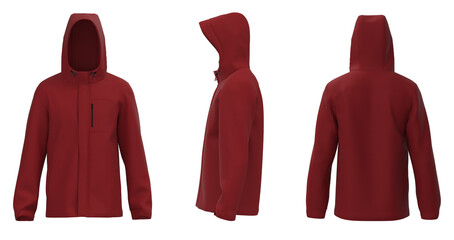 Red Men’s hooded raincoat jacket. isolated