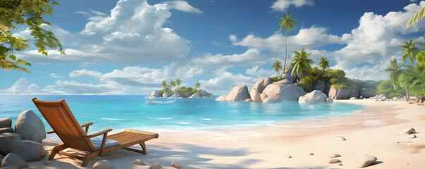 une chaise longue sur une plage de sable fin devant une mer bleue turquoise - obrazy, fototapety, plakaty