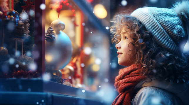 Kid with curly hair and hat admires Christmas decorations in showcase of shop on winter evening. Girl looking on Xmas toys and accessories on traditional Christmas market in europe