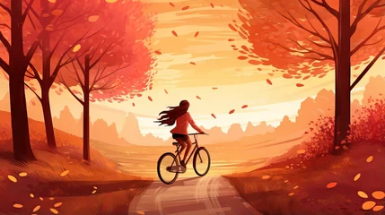 Photo sur Aluminium Brique Hello autumn: vector illustration of a beautiful girl riding a bicycle with nature background