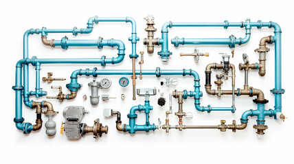 isolated on a white background is a wall with pipes, a water supply system, a complex supply system, a gas pipeline, a fuel pipeline, valves and switches