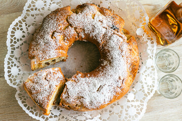 Sweet donut with nuts, apples and raisins - 656378181
