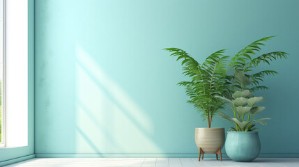 Interior with blue walls and green plant. Generative AI