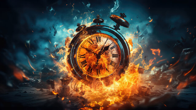 picture, a clock in the fire
