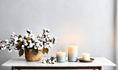 Stylish table with cotton flowers and aroma candles near light wall. 