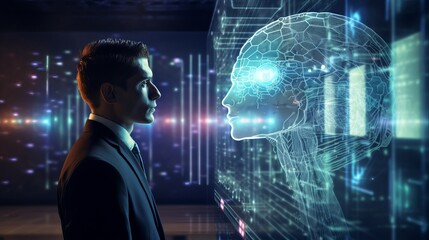 businessman harnessing AI technology for data analysis and coding with digital brain - machine learning concept on virtual screen