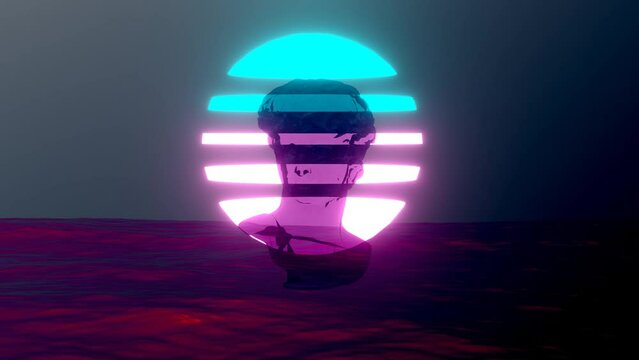 Seamless looping vaporwave style scene of sunset ocean with turning bust statue of david as 3d modeling animation neon color of emission magenta and light blue.
