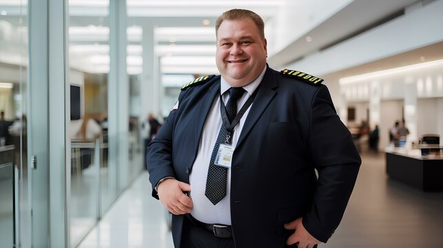 A smiling male security guard in a business center.