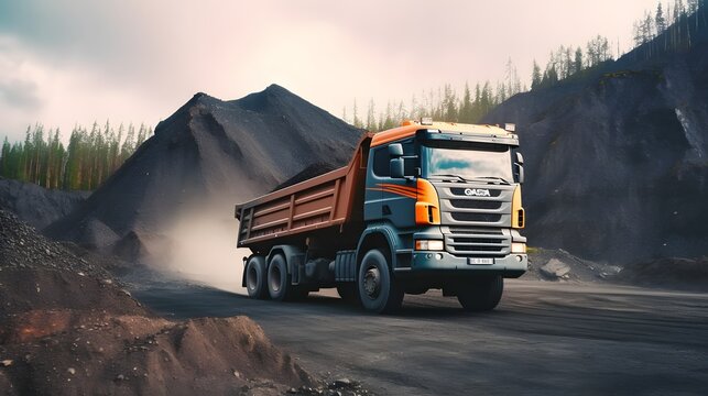 Large mining dump truck at the construction site. Powerful modern equipment for the delivery and transportation of bulk cargo. Construction site. Rental of construction equipment.