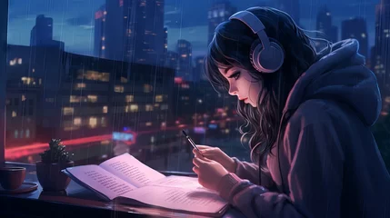 Foto op Plexiglas Lofi Girl Studying with Chill Rainy Music. Anime Manga Woman Relaxing at Night. Looped Video of Stormy City Balcony. © hassan