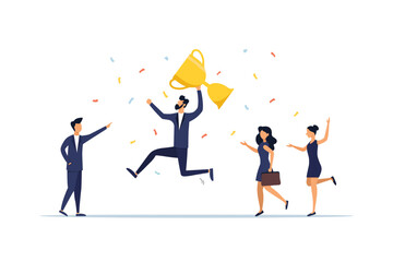 Victory concept. Work success or team victory, career success or champion celebration, joyful colleagues celebrate success by winning a trophy. Illustration