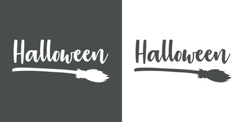 Logo con silueta de escoba de bruja con letras palabra manuscrita Halloween para su uso en invitaciones y tarjetas