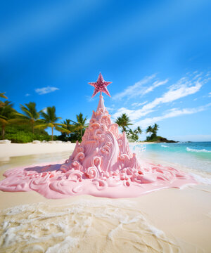 A very stylish pink sand figure in the shape of a Christmas tree on the shore of a stunning sea, beautiful pink sand, trees, tropical palm trees and blue. Happy New Year and merry Christmas
