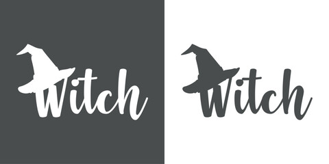 Logo con silueta de sombrero de bruja con letras palabra manuscrita Witch para su uso en invitaciones y tarjetas de Halloween © teracreonte