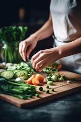 cropped shot of an unrecognizable woman chopping vegetables in a kitchen - obrazy, fototapety, plakaty
