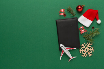 Christman vacation accessories on color background, top view