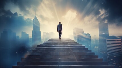 Fototapeta na wymiar ambitions concept: determined businessman climbing stairs towards success and achievement
