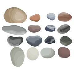 Vector illustration set of colorful pebbles in flat style. Small stones creative element in cartoon design. Beach, river, spa, garden smooth rocks. Modern calm and zen ilustration