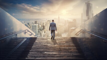 ambitions concept: determined businessman climbing stairs towards success and achievement - obrazy, fototapety, plakaty