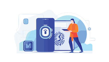 Obraz na płótnie Canvas Biometric authentication concept flat illustration, Data and account protection with fingerprint scanner, Personal data protection, Biometric lock concept for landing page, web banner