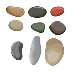 Vector illustration set of colorful pebbles in flat style. Small stones creative element in cartoon design. Beach, river, spa, garden smooth rocks. Modern calm and zen ilustration