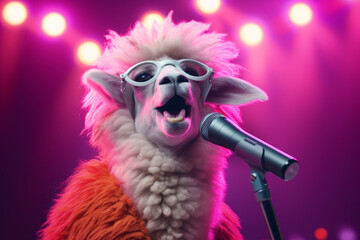 Stylish sheep superstar sings into the microphone on stage, neon background. - obrazy, fototapety, plakaty
