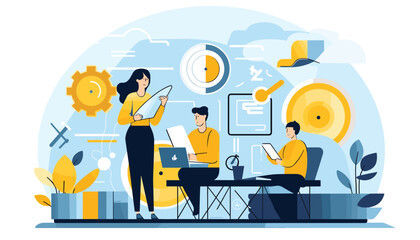 Multitasking business people flat illustration vector concept, brainstorming, Teamwork, Employees working together, New ideas, Problem-solving, Productivity, Time management