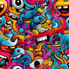 Obraz na płótnie Canvas Abstract colorful seamless background in retro and 90s style, monsters, cool pattern, pop art. Generative AI
