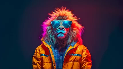 Fototapeten Lion standing, Pose in human clothes wearing orange jacket & shades on a dark background. © PixelXpert