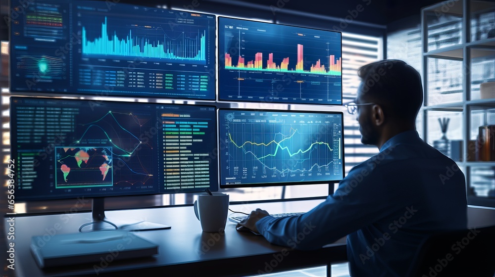 Poster data analyst utilizing computer and dashboard for business analysis and data management, metrics, da