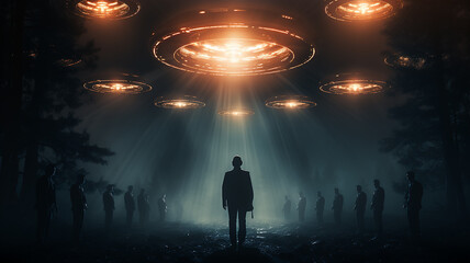 silhouette of a man in the night fog against the background of a landing UFO, kidnapping - obrazy, fototapety, plakaty