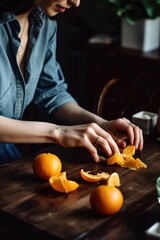 cropped shot of a woman peeling a tangerine at home