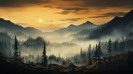 Poster silhouettes of lonely pine trees in the autumn fog at sunset, freedom and silence of nature wild forest in sunset colors © kichigin19