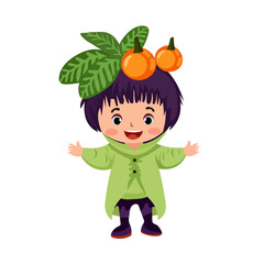 happy kids wearing full body vegetable and fruit plant costume for school nature theatrical action character vector flat illustration