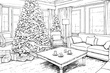 A minimalist black and white line art illustration of a cozy Christmas interior, showcasing festive decorations and holiday spirit. Generative AI 