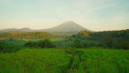 Volcano Gunung Agung or Mount Agung - the highest mountain Bali on background scenery rice terraces. Volcano Agung is one of the most recognizable landmarks Island Bali as well as Most Sacred Mountain