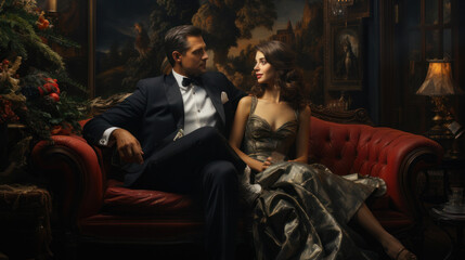 Obraz premium Magical Christmas Love: Intimate Couple Portrait. Generative AI