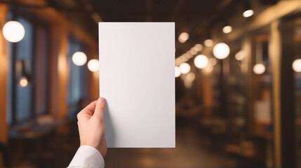 Hand Holding Blank Paper Sheet on Top View at Blurred Background. Mockup for advertising. - obrazy, fototapety, plakaty
