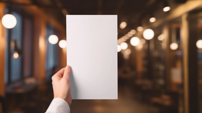 Hand Holding Blank Paper Sheet on Top View at Blurred Background. Mockup for advertising.