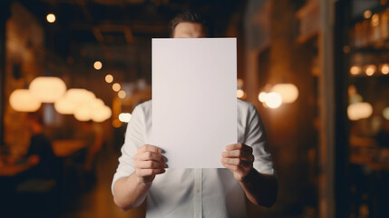 Adult Man in a Shirt Shows a White Sheet of Paper on a Blurred Background. Mockup for advertising.